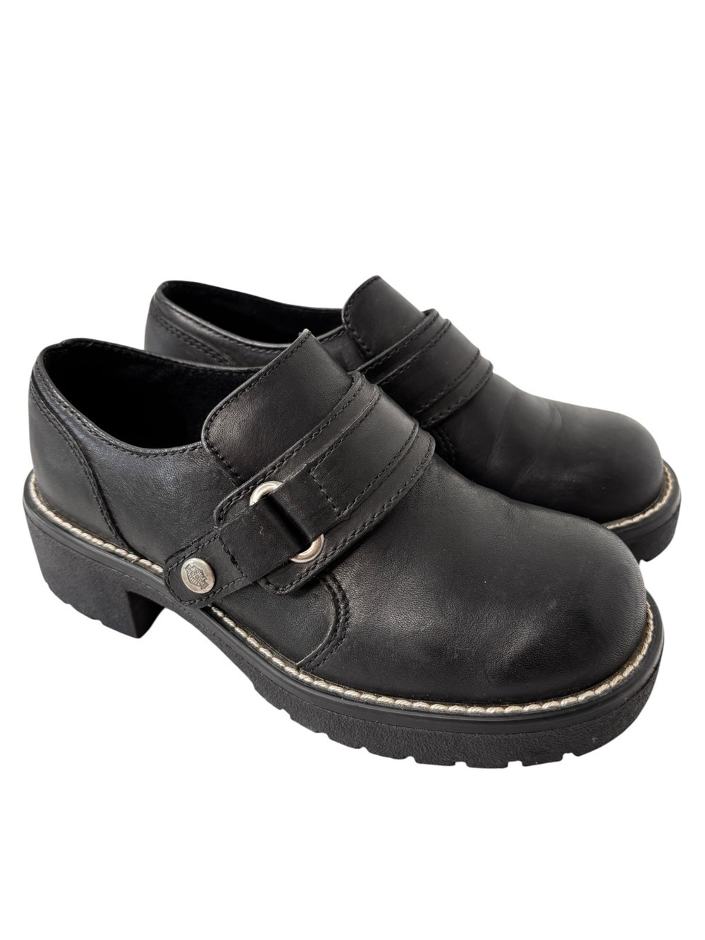 VTG Harley Davidson Womens Shoe 7 Black Leather Chunky Oxfords Grunge Motorcycle